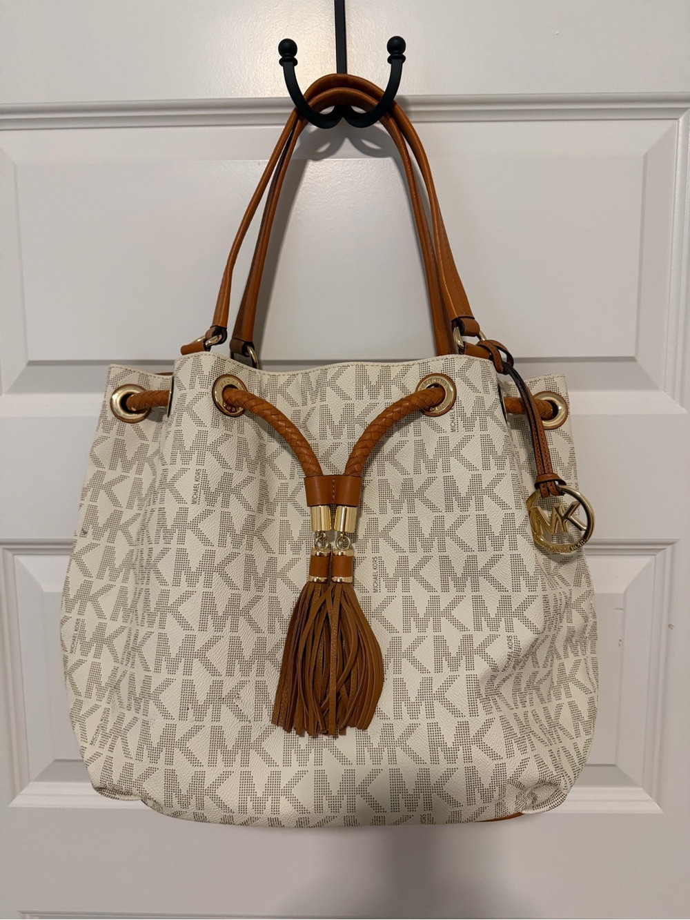 Michael Kors Ivory MK Logo Drawstring Tote with Tan Trim and Gold Hardware